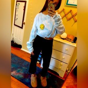 Boys Lie Thermal Waffle Henley Sky Blue Clouds Smiley Face Oversized XS S M L